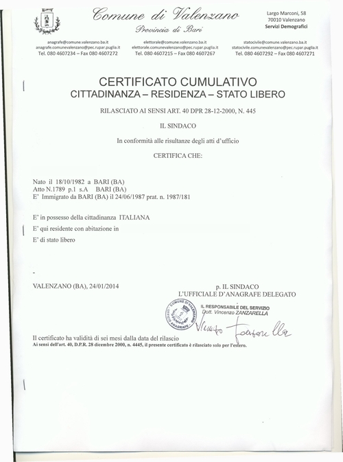 Образец справки о семейном положении гр. Италии с апостилем